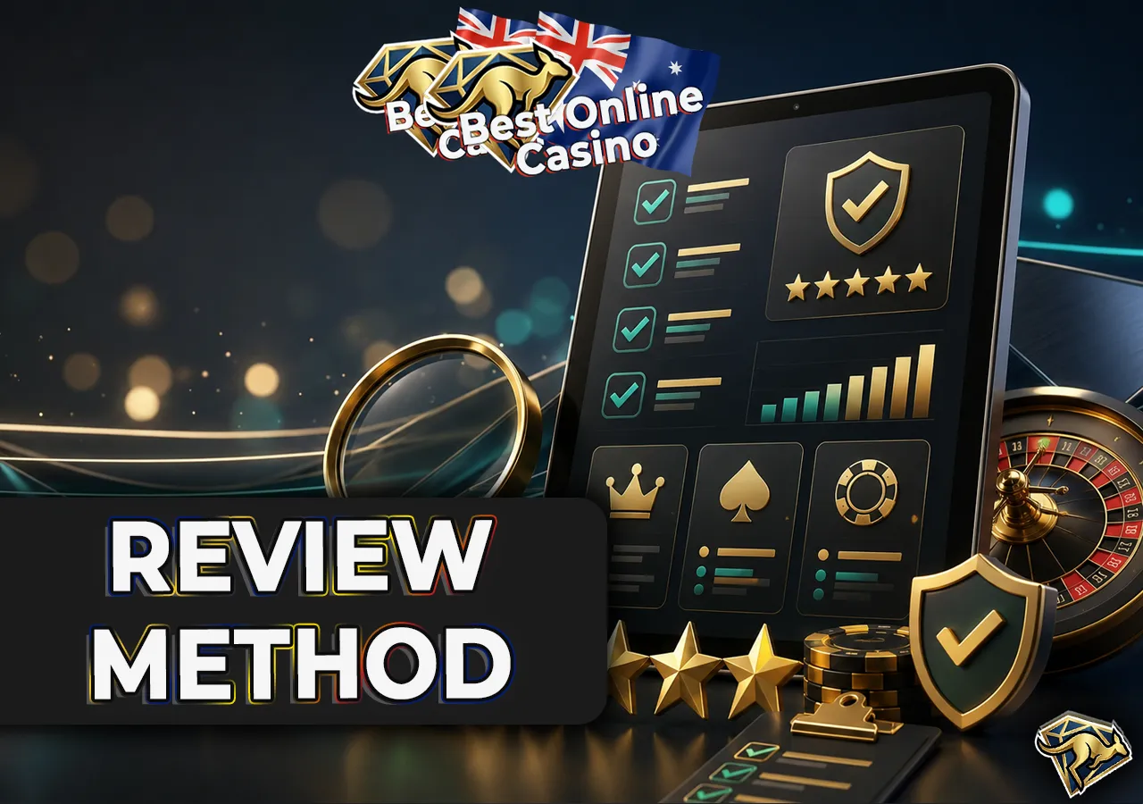 Review methodology presented with tablet, checklist, star ratings and premium analysis details