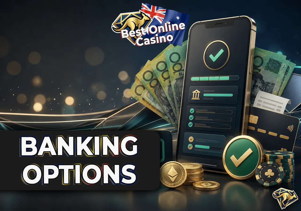 Deposit and withdrawal options with phone, card, PayID, crypto and confirmed payout elements
