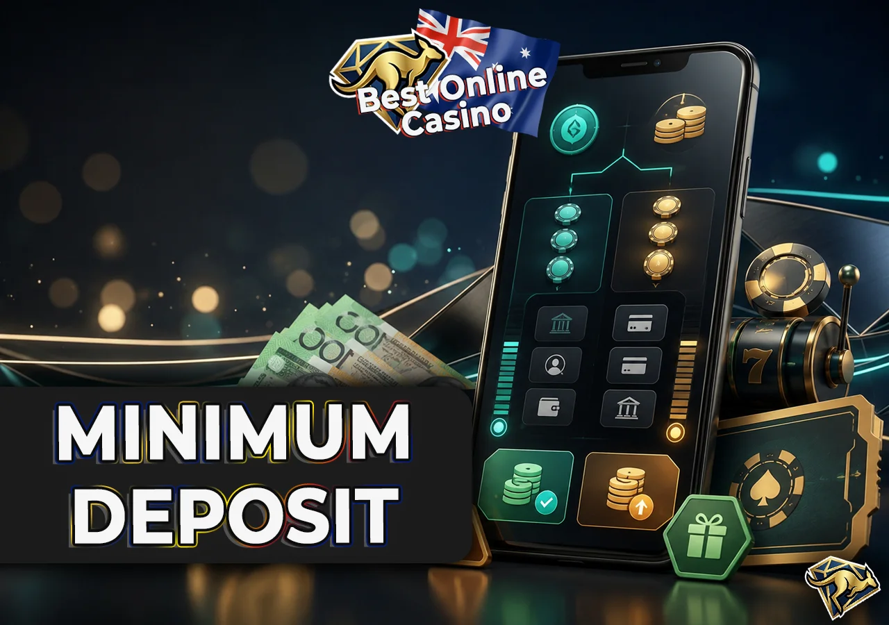 Minimum deposit explained through smartphone, AUD notes, coins and payment options
