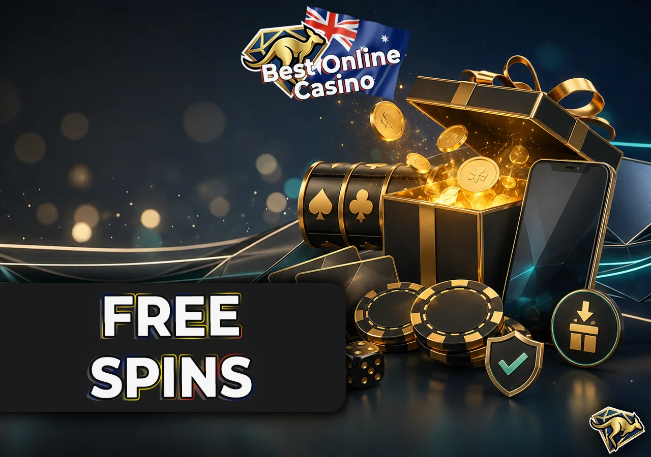 Casino bonuses with gift box, free spins, chips and terms-check visuals